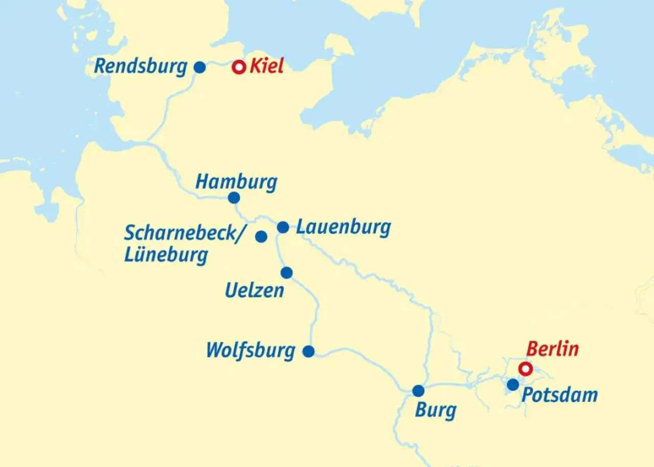 Karte zeigt Wasserwege von Kiel über Hamburg und Wolfsburg bis nach Berlin und Potsdam. Der Spree-Havel-Kanal verbindet die Hauptstadt mit der Havel.
