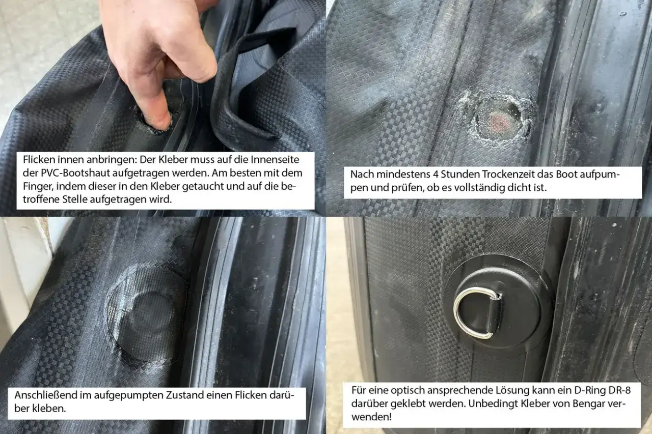 Schlauchboot flicken: Kleber innen auftragen, trocknen lassen, dann Flicken aufkleben. D-Ring f&uuml;r optische Aufwertung.
