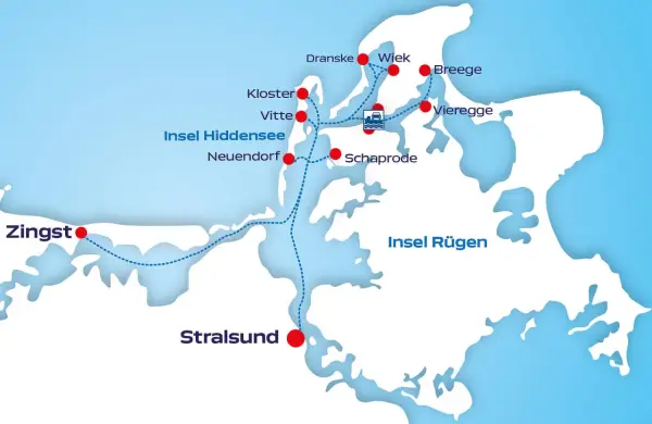 Karte zeigt die Insel Hiddensee mit Orten wie Kloster, Vitte, Neuendorf. Die Frage "wie lang ist Hiddensee" wird durch die Darstellung der Insel und ihrer Ausdehnung beantwortet.